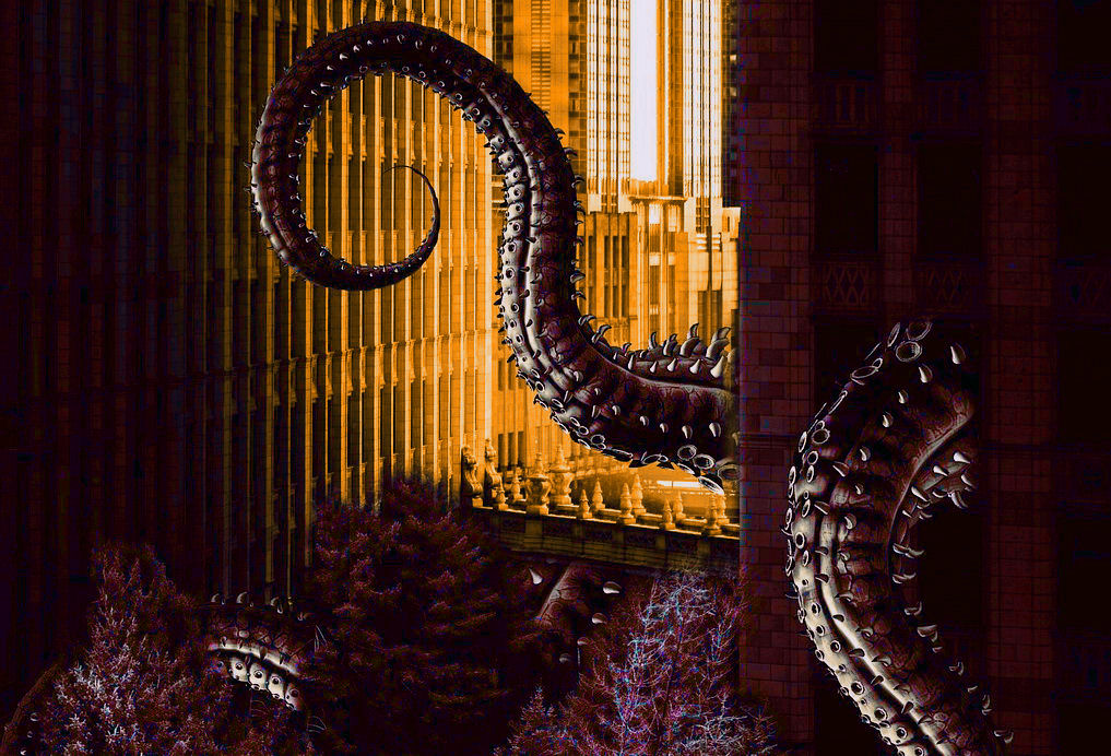 Rötliche Krakenarme umschlingen eine goldene Stadt – Symbolbild für die Datenkrake Meta Facebook Datenschutz Rötliche Krakenarme umschlingen eine goldene Stadt – Symbolbild für die Datenkrake Meta Facebook Datenschutz